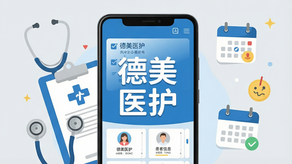 画面中央是一部竖屏安卓手机,手机屏幕上显示“德美医护”四个大字的应用程序主界面,界面布局包含待办列表与患者信息卡片;手机两侧环绕着听诊器、病历夹、日历提醒图标等医疗元素;整体采用蓝白清新配色,扁平化插画风格,背景为干净的浅灰色;画质清晰,细节丰富,无多余杂乱元素