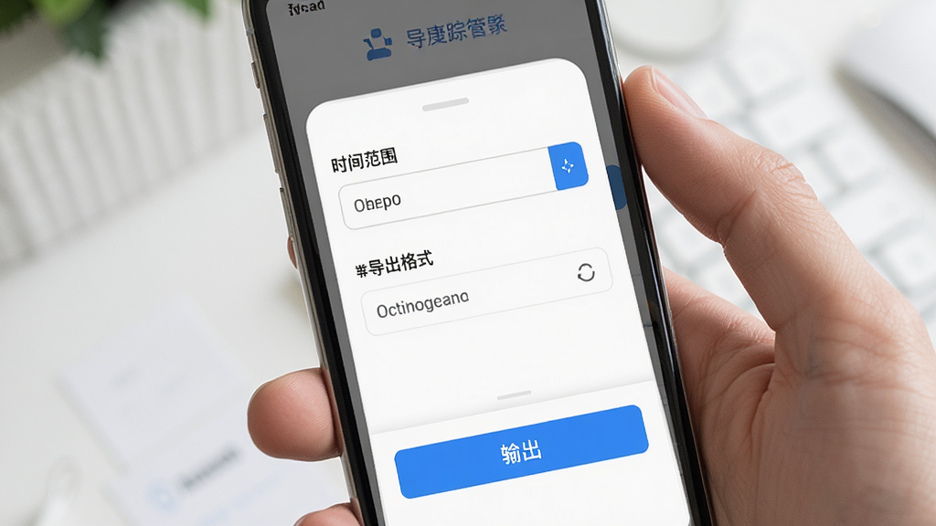 健康追踪管家数据导出界面,手机屏幕中显示导出设置面板,包含时间范围选择器和导出格式选项,屏幕下方有导出按钮,界面风格为浅色极简设计,白色背景,蓝色强调色,布局清晰,画质干净