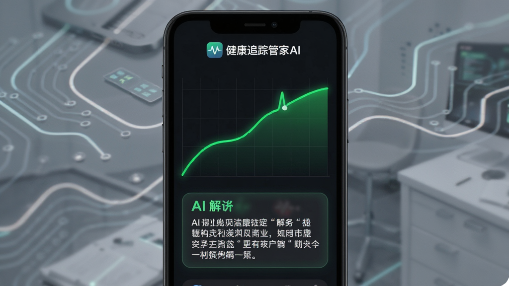 健康追踪管家AI分析功能展示,手机屏幕中央显示一条平滑的血糖趋势曲线,曲线下方有AI生成的文字解读框,屏幕上方有健康追踪管家的软件名称标识,整体界面为深色模式,曲线用亮绿色显示,文字为白色,风格科技感强,布局简洁,画质高清干净
