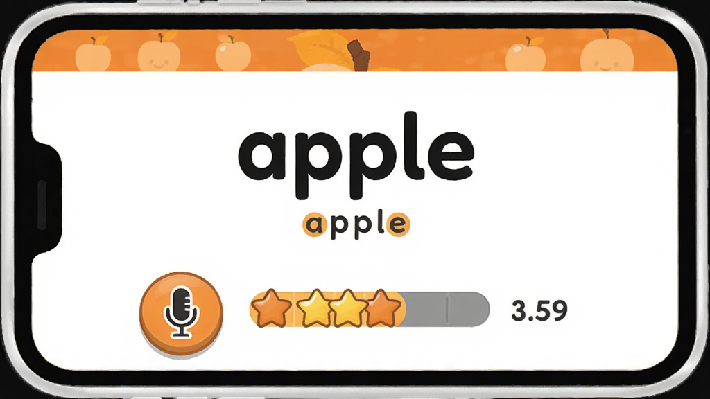 纳米盒同步单词点读跟读界面,画面中央显示单词“apple”及音标,下方有麦克风按钮和发音评分条,评分以星星和分数展示,界面配色为白色与橙色搭配,卡通风格,画质清晰,干净无多余元素