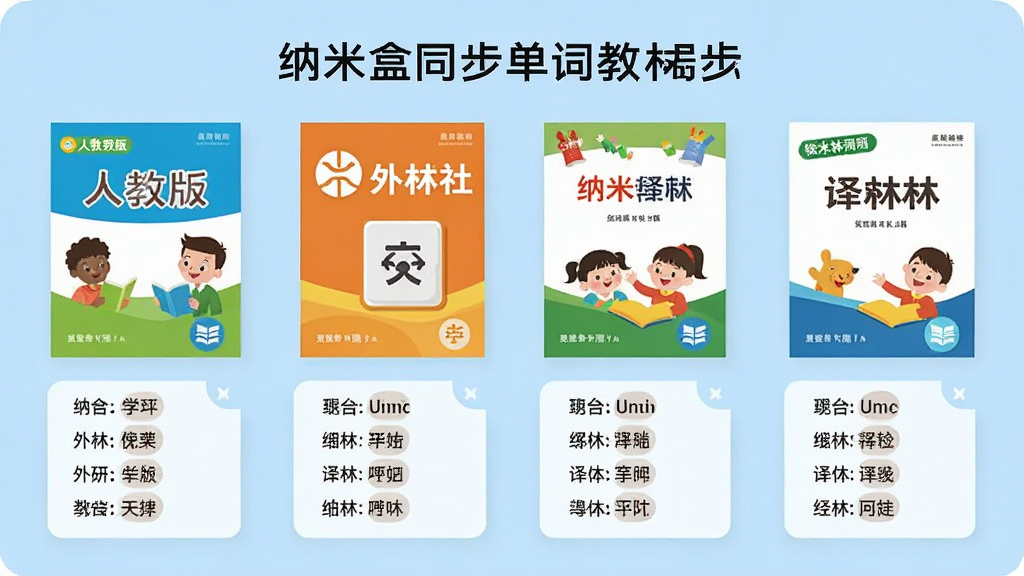 纳米盒同步单词教材同步界面展示,画面中排列多个小学英语教材版本封面,如人教版、外研社、译林版等,下方对应显示各单元单词目录,界面排版整齐,浅蓝色背景,扁平化设计风格,画质清晰,干净无多余元素