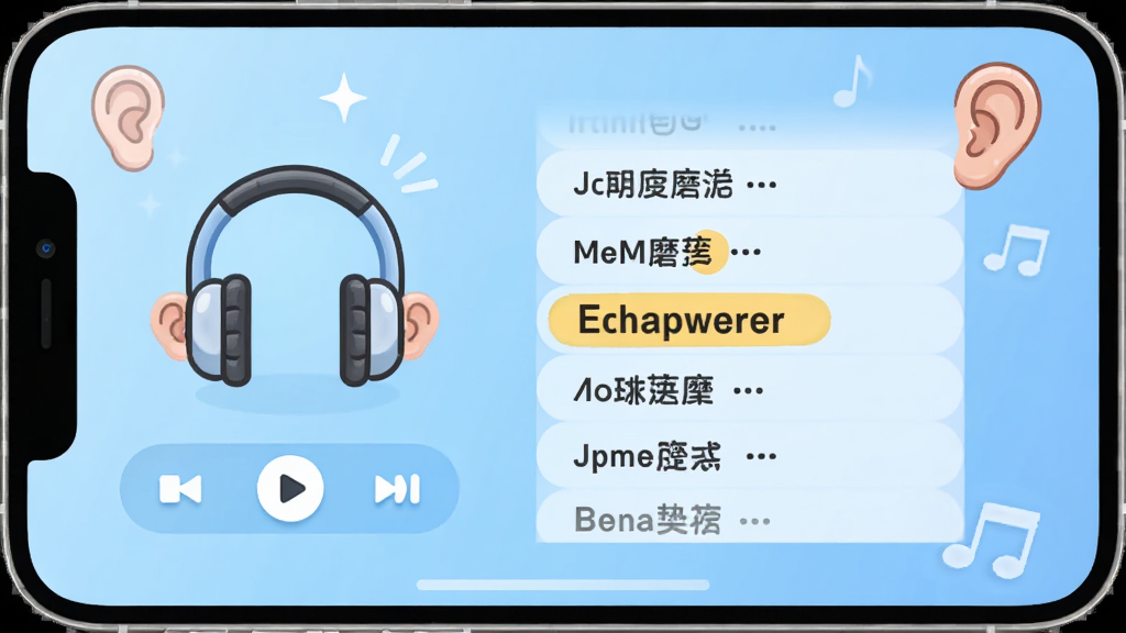 纳米盒同步单词磨耳朵功能界面,画面展示耳机图标与播放控制条,单词列表自动滚动高亮,背景为柔和渐变蓝色,卡通小耳朵图案点缀,风格活泼可爱,画质清晰,干净无多余元素