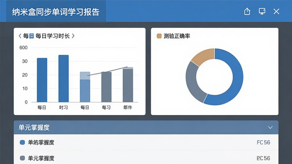 纳米盒同步单词学习报告界面,画面展示柱状图和环形图,显示每日学习时长与测验正确率,下方有单元掌握度列表,界面简洁商务风格,蓝灰配色,画质清晰,干净无多余元素