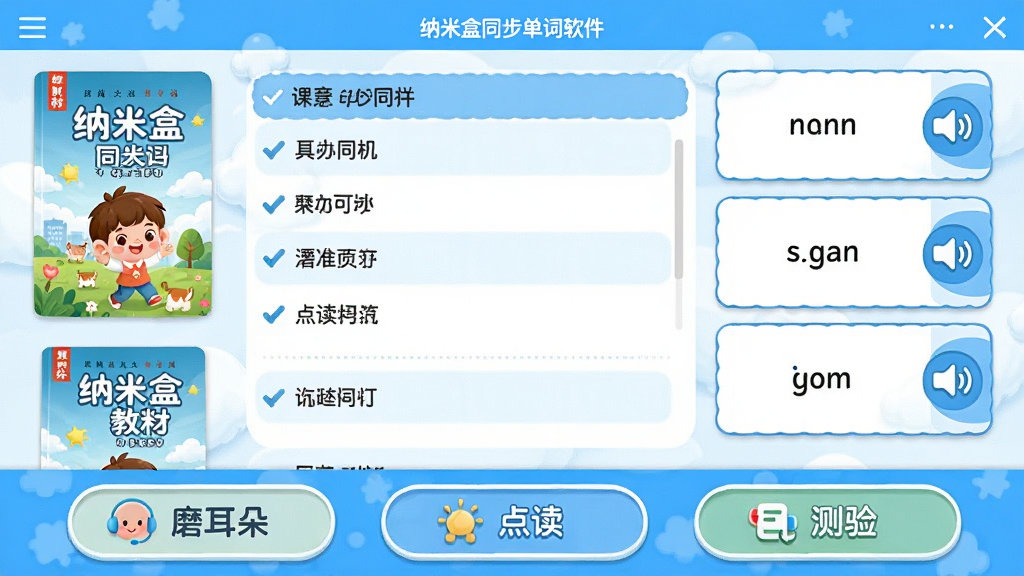 纳米盒同步单词软件主界面截图,画面中央展示课本同步单词列表,左侧为教材封面缩略图,右侧显示单词卡片与喇叭图标,底部有磨耳朵、点读、测验功能按钮,整体风格清新明亮,蓝白配色,卡通插画风格,画质清晰,干净无多余元素