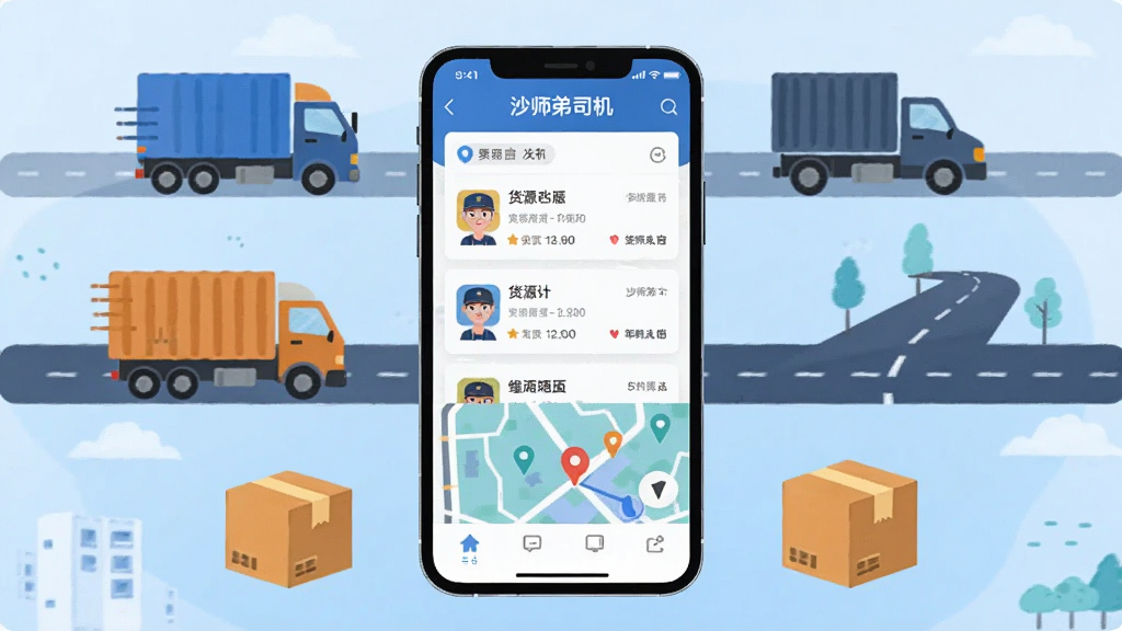 画面中央是一部智能手机,手机屏幕显示“沙师弟司机”软件的主界面,界面中包含货源列表与地图导航元素,手机周围环绕着货车、公路、物流包裹等图标,整体采用扁平化插画风格,色彩以蓝色和橙色为主,画面干净整洁,布局清晰,高清画质,无多余文字与杂乱元素