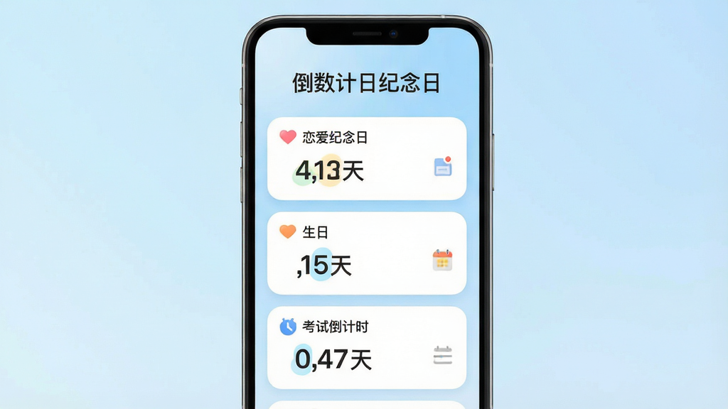 手机屏幕展示倒数计日纪念日应用主界面,顶部显示“倒数计日纪念日”文字,中部排列多个纪念日卡片,分别标注“恋爱纪念日”“生日”“考试倒计时”,卡片上显示剩余天数数字,背景为柔和渐变浅蓝色,布局为竖屏手机应用界面,风格清新简约,细节包含圆角卡片、小图标、数字高亮,画质清晰,干净,无多余元素