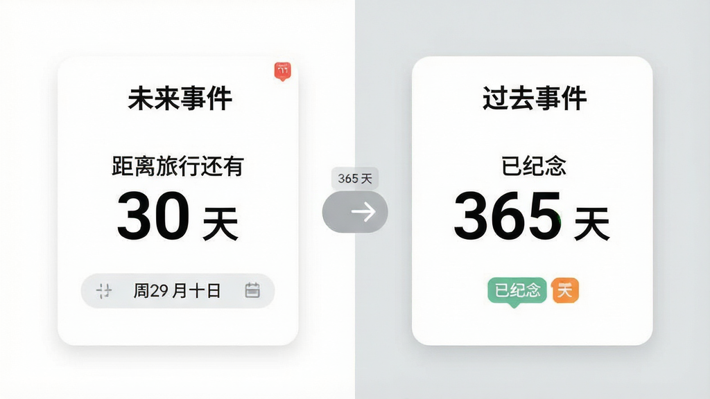 手机应用界面展示倒数计日纪念日的时间计算功能,左侧卡片显示“未来事件”并标注“距离旅行还有 30 天”,右侧卡片显示“过去事件”并标注“已纪念 365 天”,中间有切换箭头,背景为白色与浅灰色分区,布局左右对称,风格现代扁平,细节包含日期选择器、数字动态感、小标签,画质清晰,干净,无多余元素