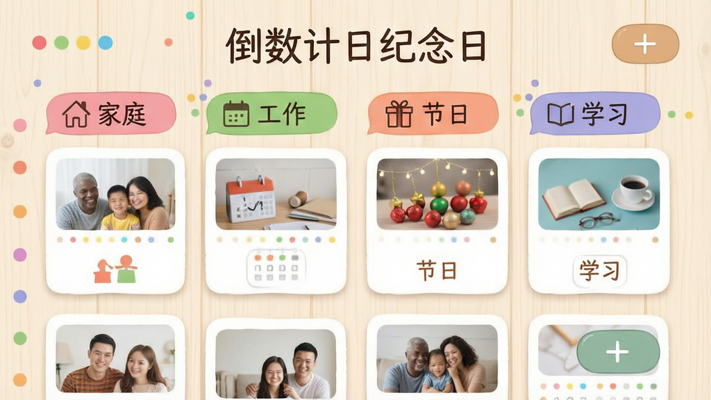 倒数计日纪念日应用内分类管理界面,展示多个彩色标签分类“家庭”“工作”“节日”“学习”,每个分类下有小卡片预览,顶部有“倒数计日纪念日”标题,背景为浅色木纹质感,布局为列表与网格结合,风格温馨手账风,细节包含彩色圆点、分类图标、添加按钮,画质清晰,干净,无多余元素