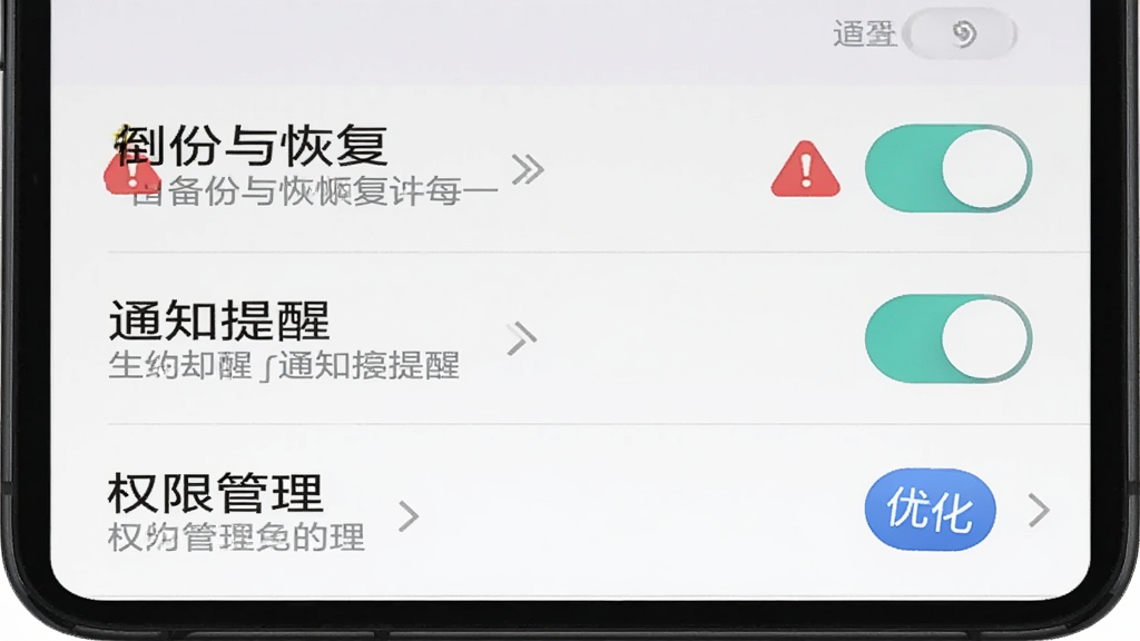 手机屏幕展示倒数计日纪念日的设置界面,包含“备份与恢复”“通知提醒”“权限管理”等选项,旁边有红色警告图标和蓝色优化图标,背景为浅灰色,布局为设置列表,风格实用工具风,细节包含开关按钮、箭头指示、文字说明,画质清晰,干净,无多余元素