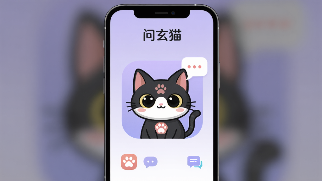 软件界面预览图,主体为一只可爱的卡通玄猫形象位于屏幕中央,背景为柔和的浅紫色渐变,布局采用手机屏幕竖版展示,排版上方显示“问玄猫”应用名称,风格为清新卡通扁平化,细节包括猫爪图标、问答气泡元素,画质清晰干净,无多余元素