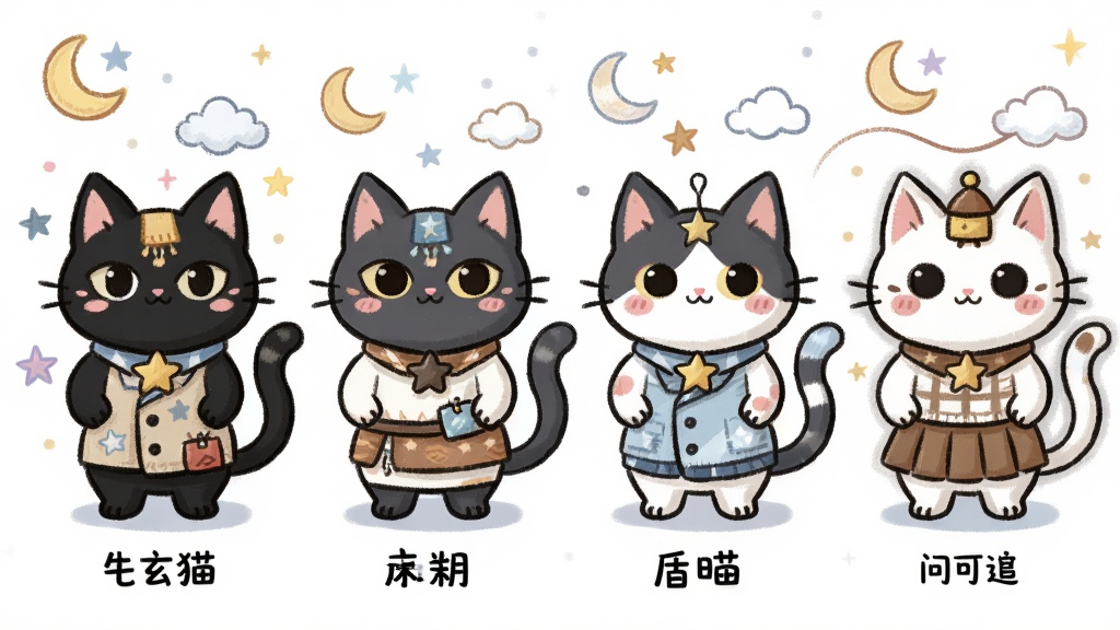 问玄猫主题皮肤展示图,主体为多只不同颜色和装扮的卡通玄猫并排站立,布局为横向排列展示多种主题,排版每只猫下方标注主题名称,风格为可爱卡通手绘,细节包括星星、月亮、云朵装饰,画质精美干净,无多余元素