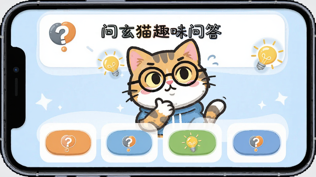问玄猫趣味问答界面,主体为一只戴着眼镜的卡通猫正在思考,布局为手机屏幕内显示问答卡片和选项按钮,排版上方为问题文字下方为四个选项,风格为活泼卡通插画,细节包括问号和灯泡图标,画质高清干净,无多余元素