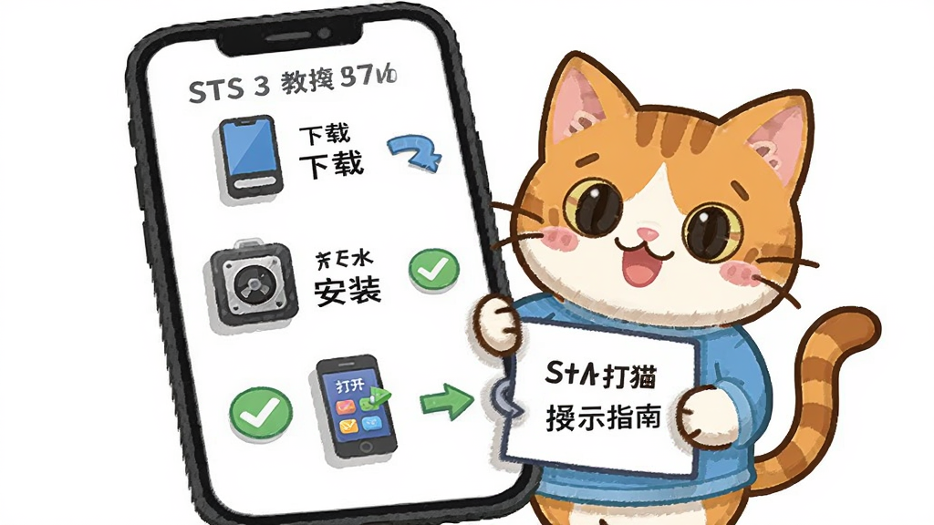 问玄猫使用教程示意图,主体为一只卡通猫手持操作指南,布局为手机屏幕内分步骤展示安装流程,排版从上到下依次为下载、安装、打开三个步骤,风格为简洁教程插画,细节包括箭头和勾选图标,画质清晰干净,无多余元素