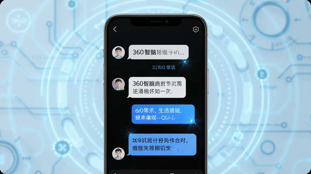 一张展示360智脑智能对话功能的图片,画面中手机屏幕显示用户提问与360智脑回答的对话气泡,背景是淡蓝色科技光晕,对话内容涉及生活常识问答,整体布局居中,风格清新简约,细节上体现对话流畅的交互感,画质高清,画面干净,无多余元素