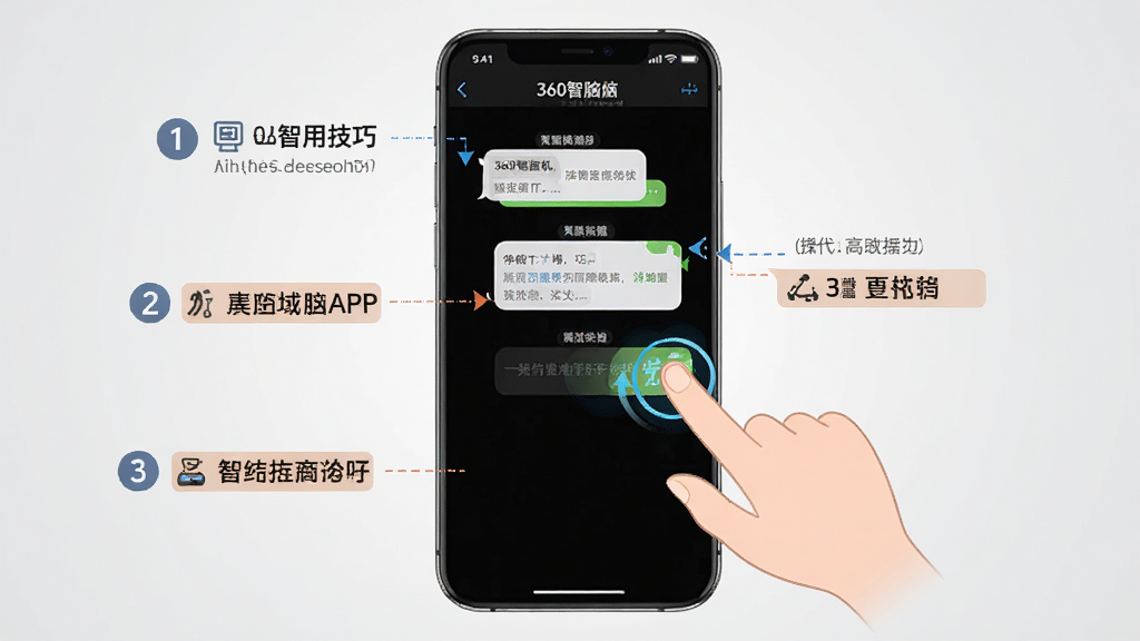 一张展示360智脑手机APP使用技巧的图片,画面中手机屏幕显示对话界面,旁边有手指点击屏幕的示意图,背景是浅灰色渐变,整体布局简洁明了,风格实用教程风,细节上体现操作步骤序号和重点标注,画质高清,画面干净,无多余元素