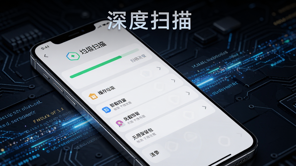 手机清理盒子深度扫描功能展示,画面中一部手机正在运行扫描程序,屏幕显示扫描进度条和分类垃圾列表,包括缓存垃圾、卸载残留、无用安装包等条目,背景为深色科技风格,有数据流动的光效,细节清晰,画质干净,图片中打文字“深度扫描”