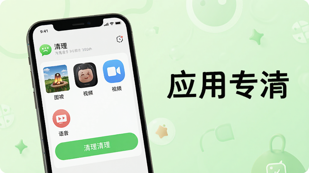 手机清理盒子应用专清功能展示,画面中一部手机屏幕显示微信清理界面,有图片、视频、语音等分类选项,旁边有清理按钮,背景为浅绿色清新风格,细节清晰,画质干净,图片中打文字“应用专清”