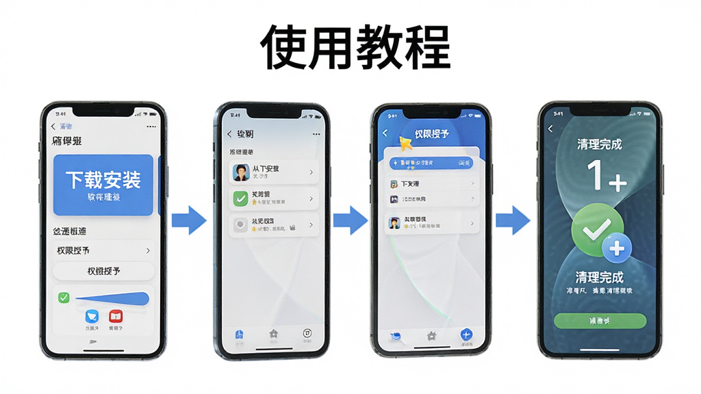 手机清理盒子使用教程示意图,画面中一部手机显示软件操作步骤,从下载安装到权限授予再到清理完成,分步骤展示,背景为白色简洁风格,有箭头引导,细节清晰,画质干净,图片中打文字“使用教程”