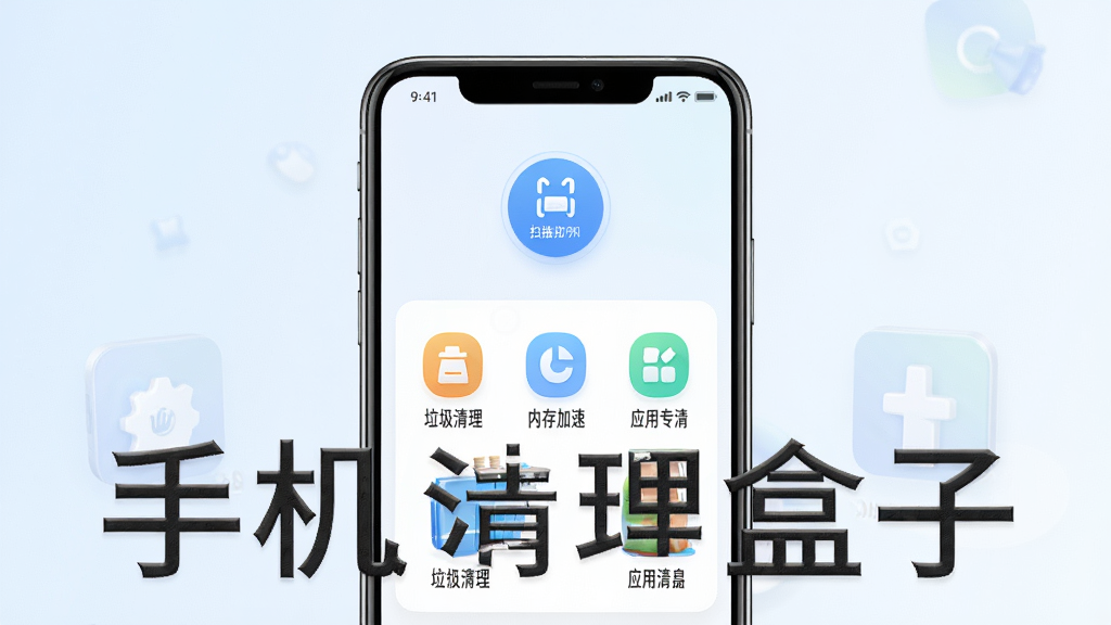 手机清理盒子软件主界面展示,画面中央是一部智能手机,屏幕显示软件界面,界面布局清晰,顶部有扫描按钮,下方有垃圾清理、内存加速、应用专清等功能图标,背景为干净的浅色渐变,风格简约科技感,细节丰富,画质清晰,干净无多余元素,图片中打文字“手机清理盒子”