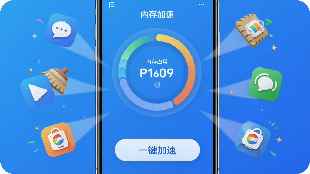 手机清理盒子内存加速功能展示,画面中一部手机屏幕显示内存占用环形图,下方有“一键加速”按钮,周围有多个应用图标被清理的动画效果,背景为蓝色渐变,风格简洁明快,细节清晰,画质干净,图片中打文字“内存加速”