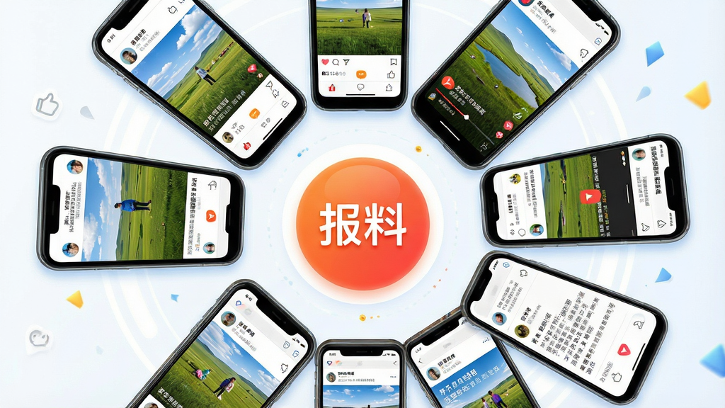 一幅表现呼伦贝尔融媒互动社区场景的AI生图,主体为多部手机围成圆圈,屏幕分别显示用户发布的草原风景照片、短视频和文字动态,中心位置有一个醒目的“报料”按钮,布局采用环形发散式,风格为社交化UI设计,细节包含点赞、评论、分享图标,画面干净活泼,无多余元素,画质高清,文字标注“呼伦贝尔融媒互动社区”。