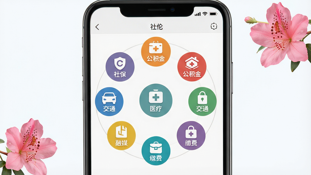一幅展示呼伦贝尔融媒便民服务功能的AI生图,主体为手机屏幕显示便民服务图标矩阵,包括社保、公积金、医疗、交通、缴费等彩色图标,布局采用圆形图标环绕式排列,风格为清爽扁平化设计,细节包含呼伦贝尔市花兴安杜鹃作为点缀,画面干净明亮,无多余元素,画质超清,文字标注“呼伦贝尔融媒便民大厅”。