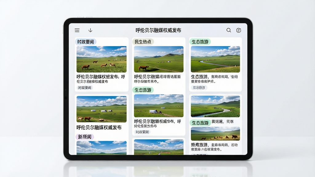一幅展示呼伦贝尔融媒新闻资讯版块的AI生图,主体为平板电脑屏幕显示多篇新闻卡片,每张卡片配有呼伦贝尔草原风光缩略图与标题文字,布局采用网格瀑布流样式,风格为简洁科技感,细节包含“时政要闻”“民生热点”“生态旅游”等分类标签,画面干净明亮,无多余元素,画质超清,文字内容清晰标注“呼伦贝尔融媒权威发布”。