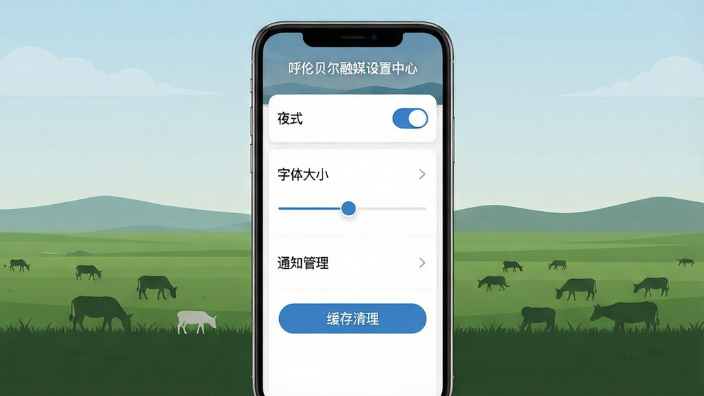 一幅展示呼伦贝尔融媒移动端设置界面的AI生图,主体为手机屏幕显示设置选项列表,包括夜间模式开关、字体大小调节滑块、通知管理、缓存清理按钮等,布局采用垂直列表式,风格为极简UI设计,细节包含呼伦贝尔草原剪影作为背景装饰,画面干净整洁,无多余元素,画质高清,文字标注“呼伦贝尔融媒设置中心”。