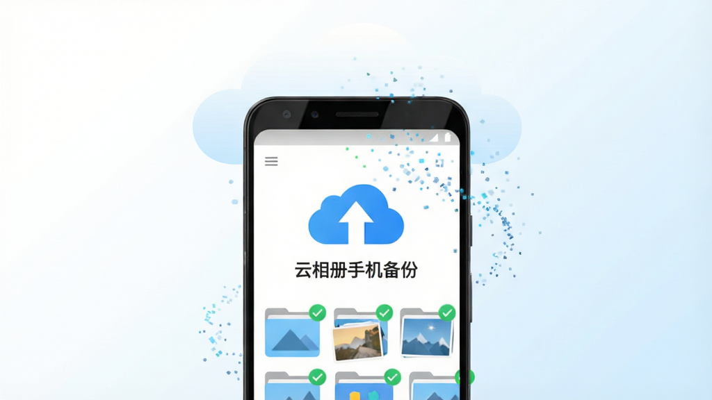 一部安卓手机屏幕特写,屏幕中央显示“云相册手机备份”应用界面,界面上有一个醒目的云朵图标和向上的同步箭头,下方排列着多个相册文件夹缩略图,每个缩略图右上角带有绿色勾选标记,手机周围环绕着细小的数据粒子向上飘入一朵大白云中,布局为手机居中、白云在顶部,风格为现代扁平插画,细节上应用名称清晰可见,背景为干净的白色到浅蓝渐变,画质清晰,干净,无多余元素