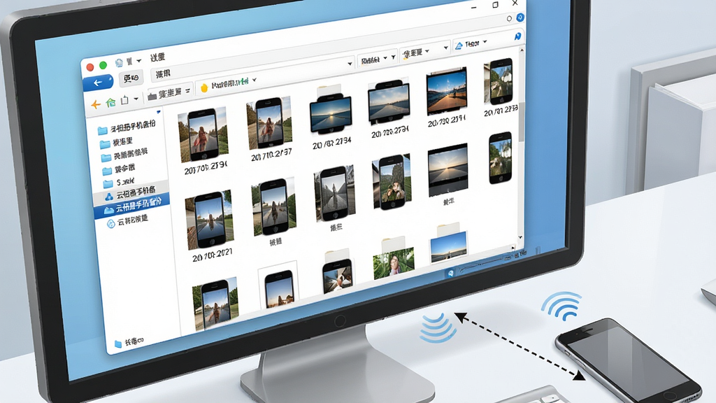 一张电脑桌面场景图,屏幕中显示文件资源管理器窗口,窗口内排列着从手机导入的照片缩略图,窗口左侧导航栏高亮显示“云相册手机备份”文件夹,电脑旁边放着一部手机,两者之间有一条虚线箭头表示无线传输,布局为电脑屏幕占画面主体、手机在右下角,风格为写实数字插画,细节上文件名包含日期编号,背景为整洁的办公桌面,画质清晰,干净,无多余元素