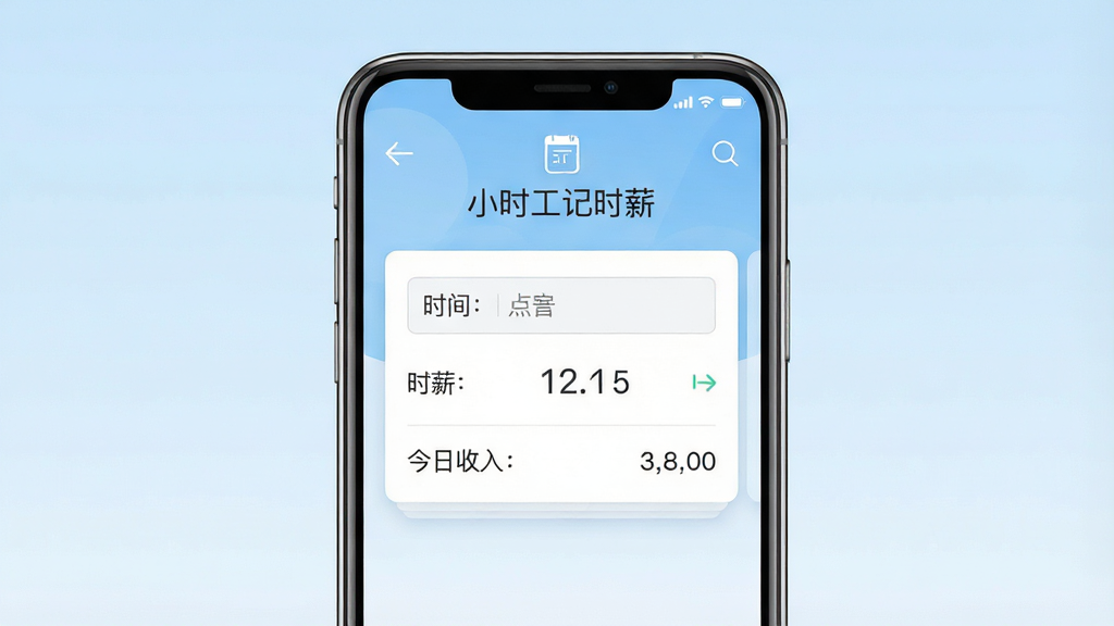 一张手机屏幕展示小时工记时薪软件主界面,画面中央是简洁的工时记录卡片,顶部显示“小时工记时薪”软件名称,背景是浅蓝色渐变,主体为手机正视图,布局居中,排版清晰,风格为扁平化UI设计,细节包括时间输入框、时薪数字、今日收入汇总,画质高清,干净,无多余元素