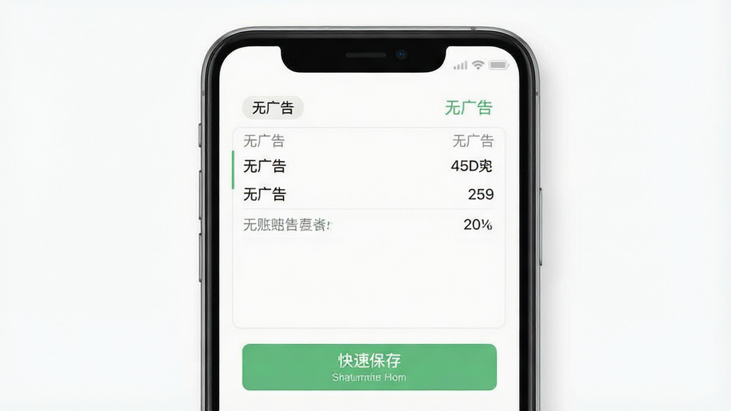 一张手机界面展示无广告纯净记账体验,画面中央是手机屏幕,屏幕内显示简洁的记账表单,背景为纯白色,布局居中,排版极简,风格为素雅极简,细节包括“无广告”标签和快速保存按钮,画质高清,干净,无多余元素