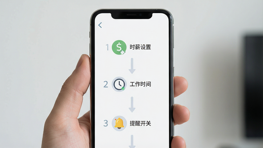 一张手机屏幕展示新手设置引导界面,画面主体为手机正视图,屏幕内显示分步设置向导,布局为纵向步骤条,排版清晰,风格为友好引导风,细节包括“时薪设置”“工作时间”“提醒开关”三个步骤图标,画质高清,干净,无多余元素