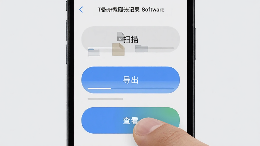 一部手机屏幕显示备份微聊天记录软件的主界面,界面中有三个大按钮分别标注扫描、导出与查看,背景为浅灰色,主体为手机界面,布局居中,风格为简洁UI展示,细节包括手指点击按钮的动作、进度条与文件图标,画质清晰,干净,无多余元素