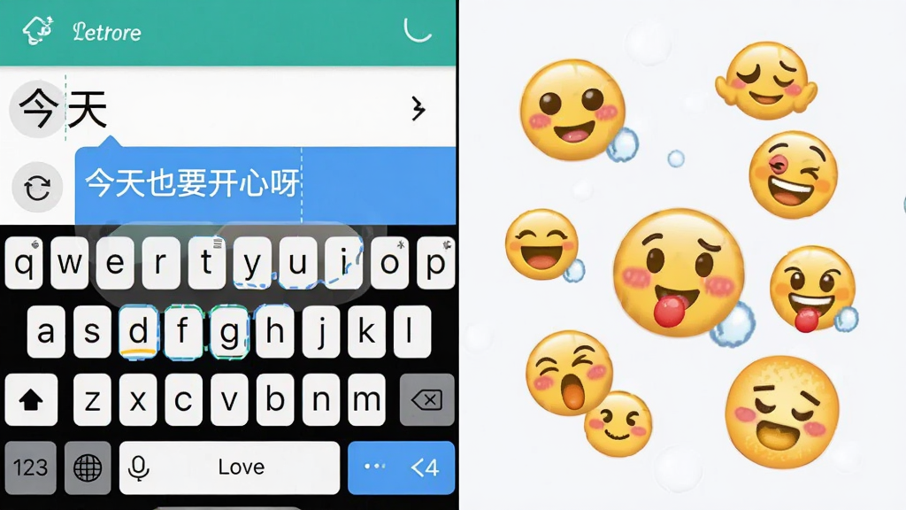 一张展示Love输入法智能联想与表情功能的合成图,画面左侧是手机键盘输入“今天”后候选栏出现“今天也要开心呀”等暖心短句,右侧漂浮着可爱的颜文字和表情包,整体布局左右对比,风格活泼,画质清晰干净无多余元素