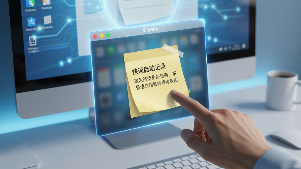 极简便签快速启动记录场景图,主体为一只手正在点击桌面便签图标,布局为电脑桌面背景,排版突出便签窗口瞬间弹出,风格为写实科技风,细节包括屏幕光芒、便签界面清晰可见、桌面整洁,画质高清干净无多余元素