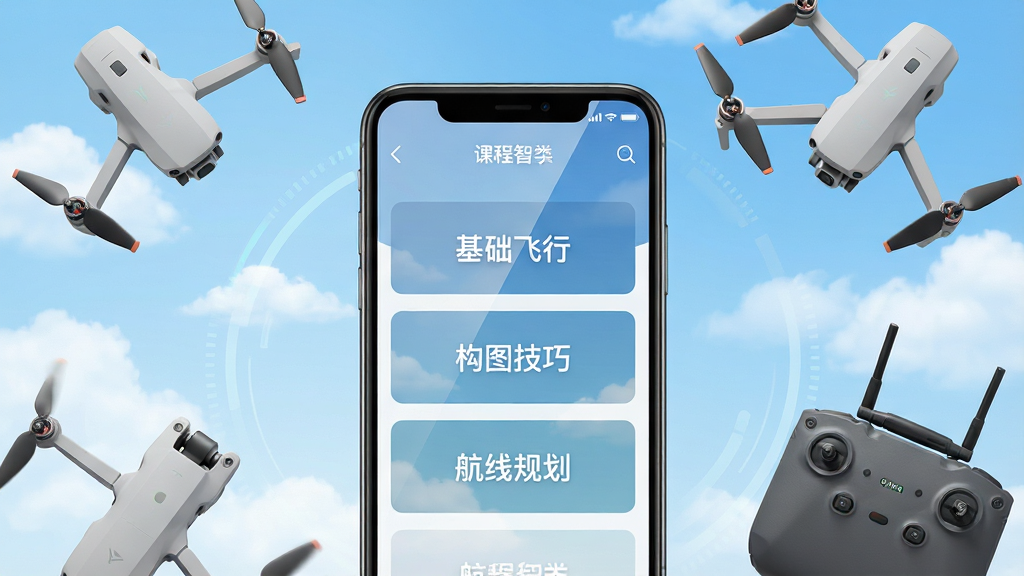 一张展示无人机航拍智学软件主界面的图片,画面中央是一部智能手机,屏幕上显示着无人机航拍智学APP的课程分类界面,有“基础飞行”“构图技巧”“航线规划”等中文标签,手机周围环绕着小型无人机、遥控器和蓝天白云元素,整体布局采用居中构图,风格清新科技感,细节上手机屏幕有轻微反光,背景为浅蓝色渐变,画质高清干净,无多余元素