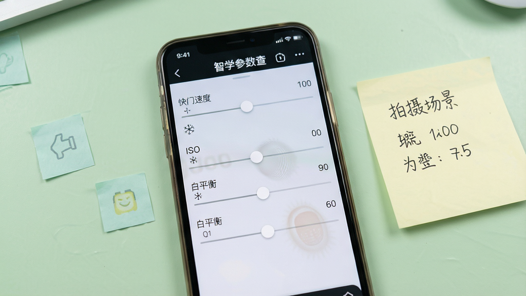 一张展示无人机航拍智学参数速查功能的图片,画面主体为手机屏幕,屏幕上显示着参数设置界面,有“快门速度”“ISO”“白平衡”等中文选项和数值滑块,手机旁边有一张写有拍摄场景的便签纸,布局为居中构图,风格清新浅色,细节上屏幕有轻微手指触控痕迹,背景为浅绿色桌面,画质高清干净,无多余元素