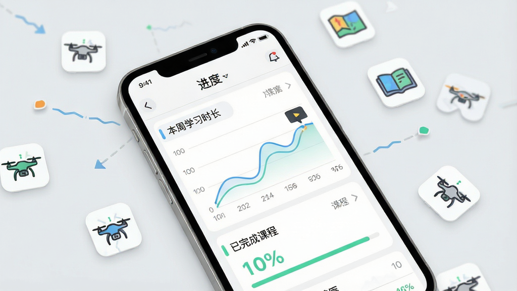 一张展示无人机航拍智学学习进度追踪界面的图片,画面中央是一部智能手机,屏幕上显示着折线图和进度百分比,有“本周学习时长”“已完成课程”等中文标签,手机周围散落着几个小图标代表飞行记录,布局为居中偏右,风格简约清新,细节上图表线条流畅,背景为浅灰色,画质高清干净,无多余元素