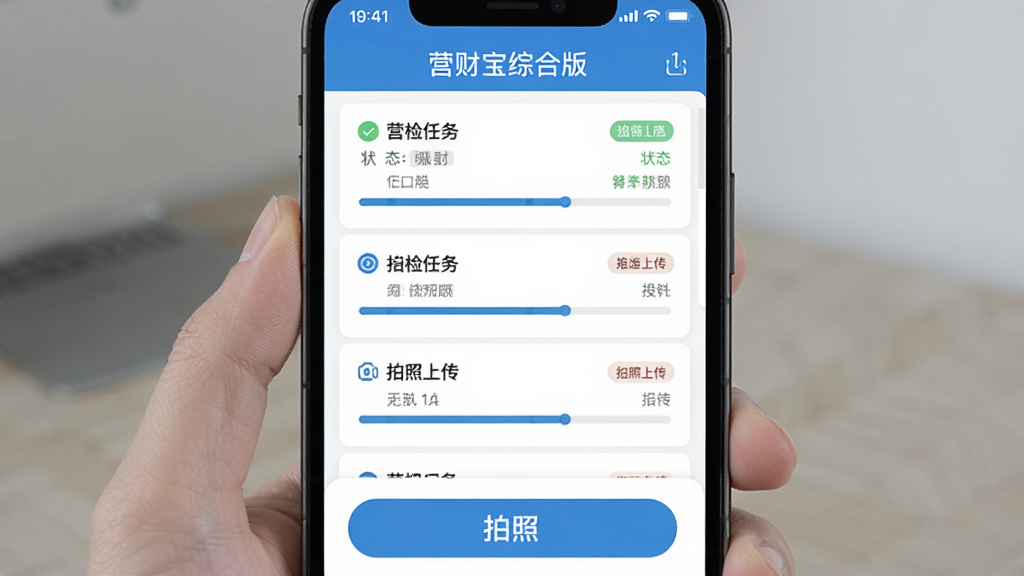 营财宝综合版移动巡检功能展示,手机屏幕显示巡检任务列表与拍照上传按钮,界面中出现