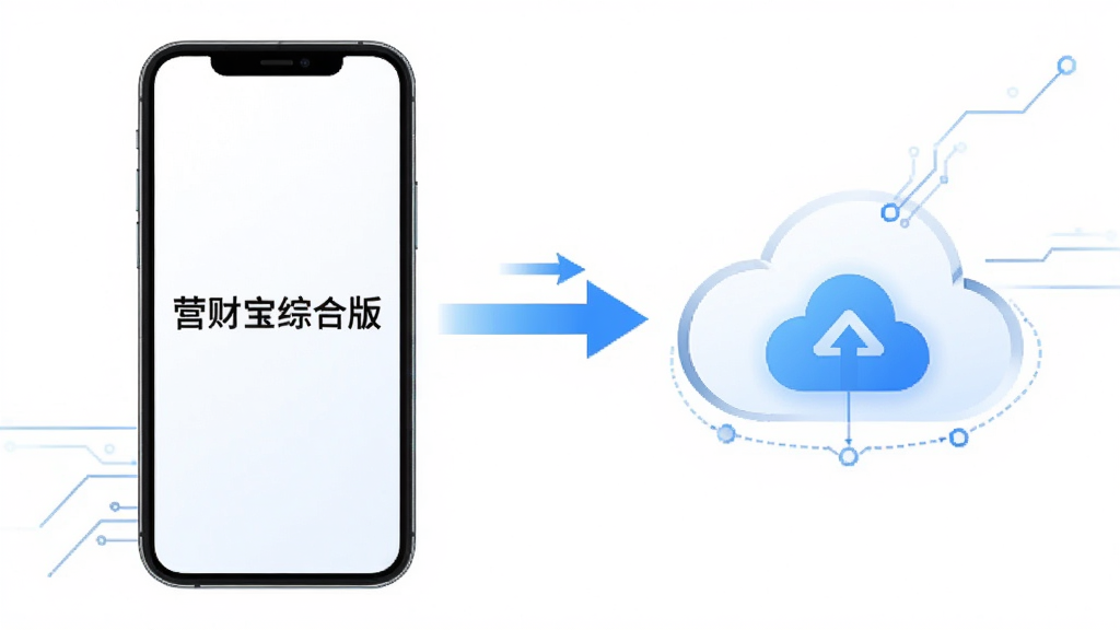 营财宝综合版数据同步示意图,手机与云端图标之间用箭头连接,屏幕中显示