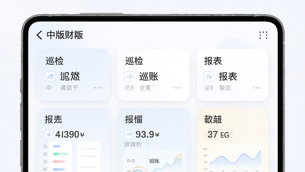 营财宝综合版综合管理功能界面,屏幕中展示多个功能模块卡片整齐排列,卡片上标注