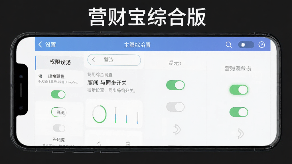 营财宝综合版安装使用注意事项示意图,手机屏幕显示权限设置与同步开关界面,界面中标注