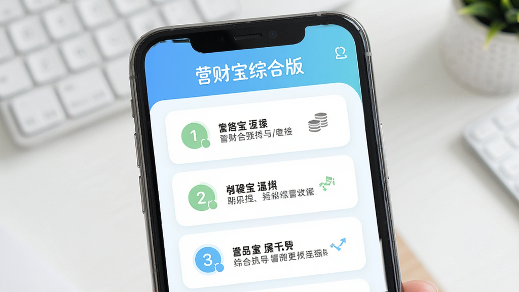 营财宝综合版新手引导界面,手机屏幕显示分步操作指引,界面顶部标注