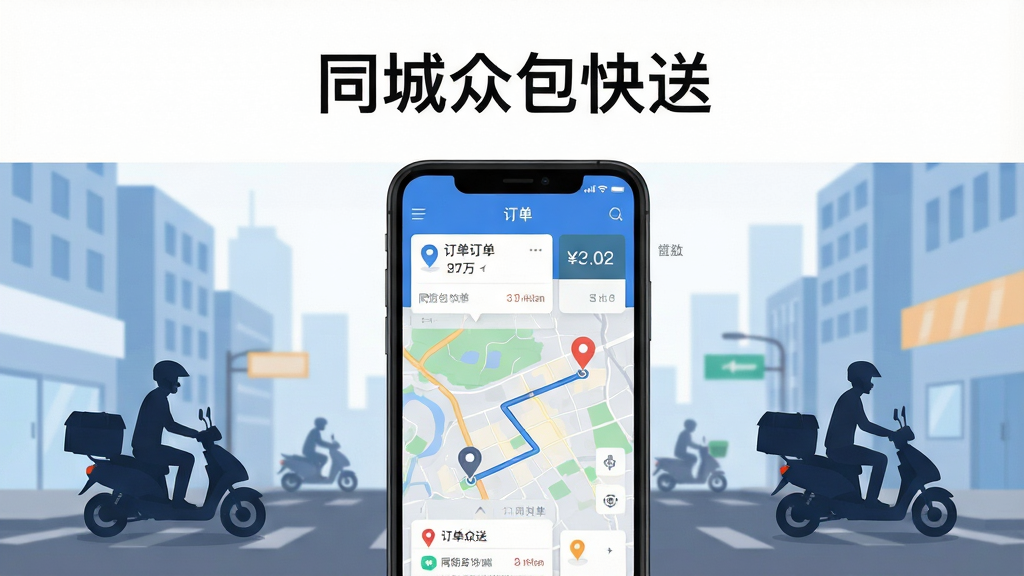 一张展示同城众包快送软件核心界面的手机屏幕示意图,画面中央是手机正视图,屏幕内显示订单列表和地图路线,背景是城市街道与骑手剪影,布局采用居中构图,上方留白放置软件名称“同城众包快送”,风格为扁平化科技插画,细节包括订单卡片、定位图标、收益数字,画质清晰干净,无多余元素