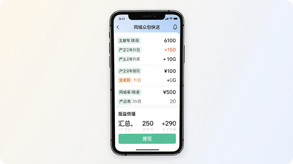 一张展示同城众包快送收益记录页面的手机界面图,主体为手机屏幕,屏幕内显示收益列表和汇总数字,布局为手机居中、背景为浅色渐变,风格为简洁商务插画,细节包括日期标签、金额数字、提现按钮,画质清晰干净,无多余元素