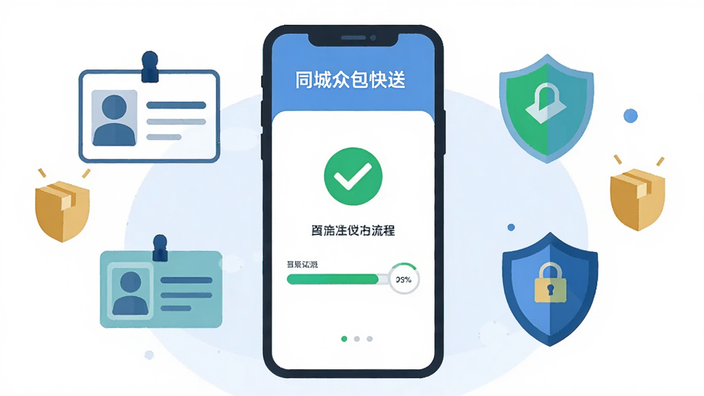 一张表现同城众包快送身份认证流程的示意图,主体是手机屏幕显示认证步骤页面,布局为手机居中、周围环绕证件图标和盾牌符号,风格为扁平化安全主题插画,细节包括身份证轮廓、对勾标记、进度条,画质清晰干净,无多余元素