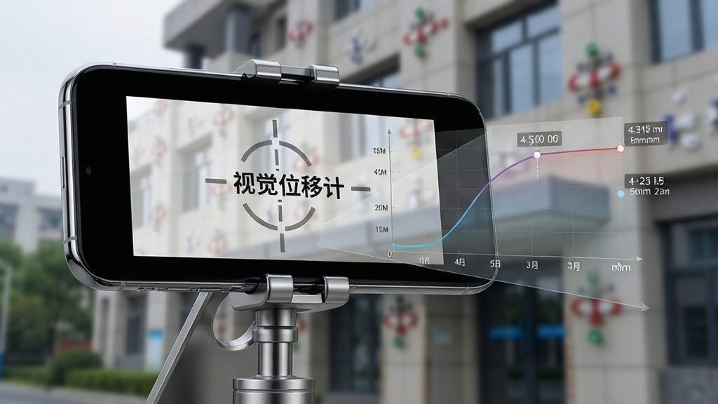 一张展示视觉位移计软件核心功能的合成图,画面主体是一部智能手机固定在三角支架上,手机屏幕显示带有十字准星的监测界面,屏幕中央有“视觉位移计”文字标识,手机前方远处是一栋带有监测标记点的建筑物外墙,画面对角线位置叠加半透明的位移数据曲线图与毫米级数值标注,整体布局为科技感的产品展示风格,排版为横向构图,风格为写实科技风,细节包括手机边框的反光、支架的金属质感、背景建筑的环境虚化,画质为4K高清,干净无多余元素