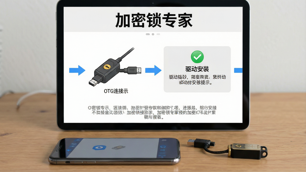 画面主体是“加密锁专家”软件的操作步骤引导页,屏幕上显示OTG连接示意图和驱动安装提示;手机平放在桌面上,旁边有OTG转接头和加密狗;排版为顶部标题、中部示意图、底部文字说明;风格为教程类App界面,细节包括蓝色箭头指引、绿色对勾图标、灰色说明文字;画质高清,干净整洁,画面中文字为“加密锁专家”“OTG连接”“驱动安装”