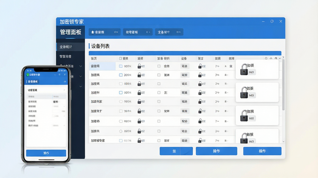 画面主体是“加密锁专家”软件的管理面板界面,屏幕上以表格和卡片混合形式展示多把加密锁的信息;手机竖直放置,背景为浅色渐变;排版为顶部统计栏、中部列表、底部操作按钮;风格为清新商务风,细节包括蓝色表头、白色卡片、灰色分割线;画质高清,干净整洁,画面中文字为“加密锁专家”“管理面板”“设备列表”